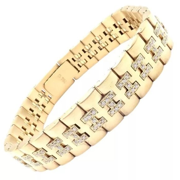 Authentic! Vintage Hermes Paris 18k Yellow Gold Diamond H Link Bracelet - Picture 1 of 14